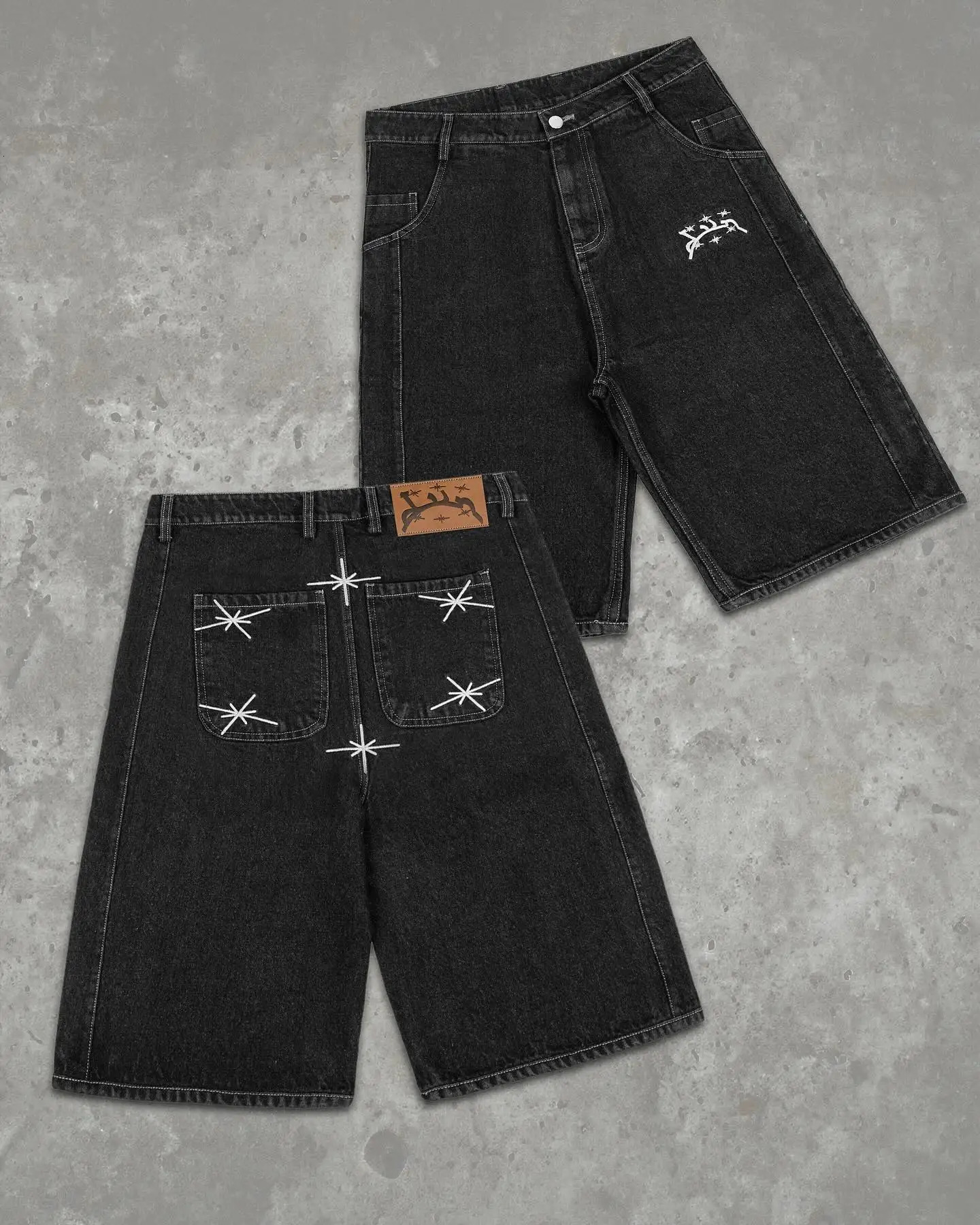 Divin Street Geometry Graphic Embroidery Baggy Denim Shorts Y2k Retro Hip Hop Trendy Gym Shorts Men Women Jorts 251201