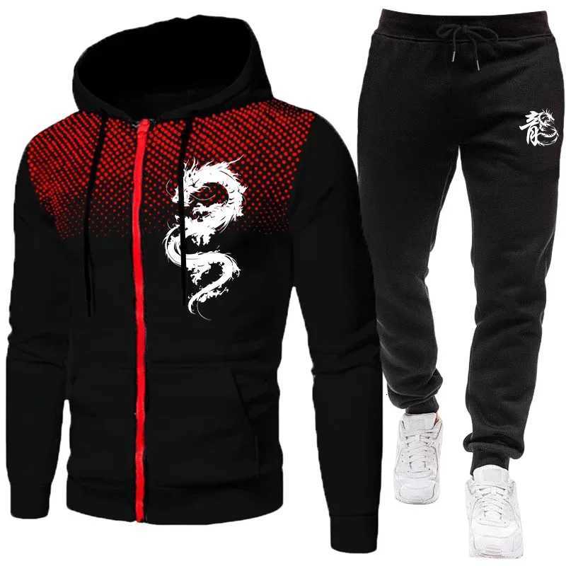 2025 New Arrival Mens Tracksuit Dragon Print Hoodie and Sweatpants Urban Casual Fashion Zipper Sweatshirt Jogger Pants Outfits W251202