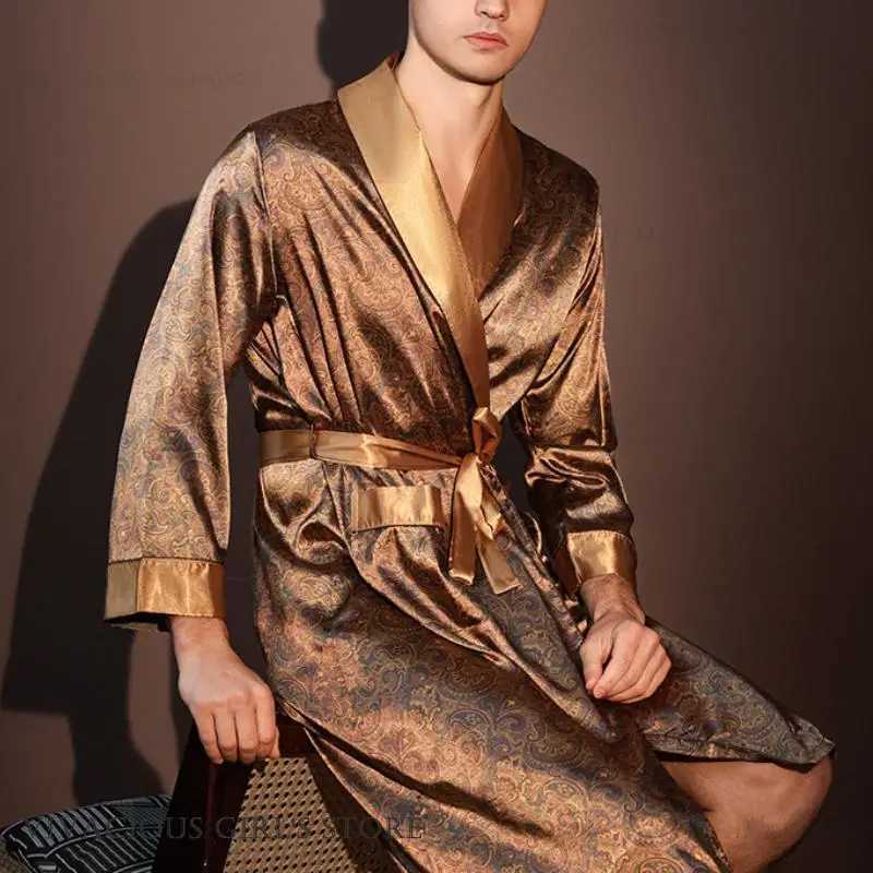 Pajama Mens Robe Kimono Gown Bathrobe with Pockets Print Sleepwear Home Clothing Spring Autumn Satin Nightwear Loose Loungewear C251202