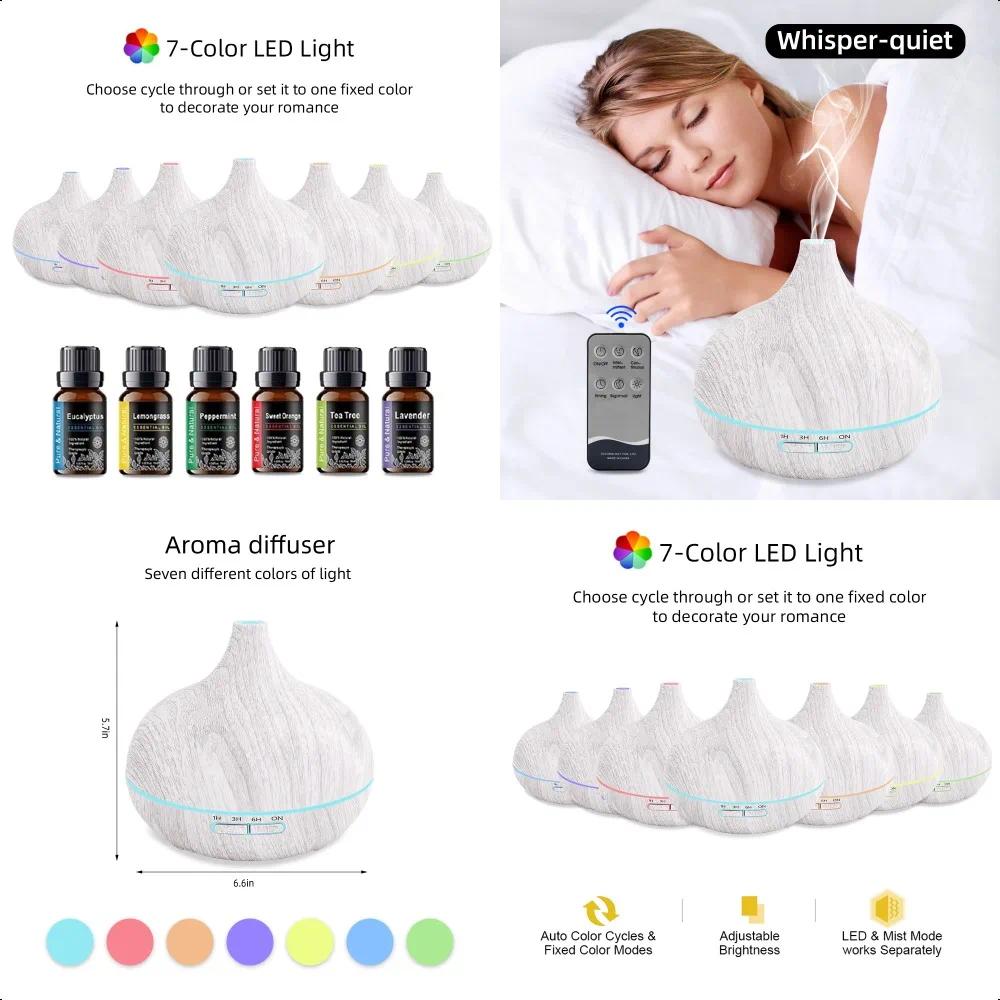 550ml Wood Grain Essential Oil Diffuser Ultrasonic Humidifier with Remote 6 Oil Bottles