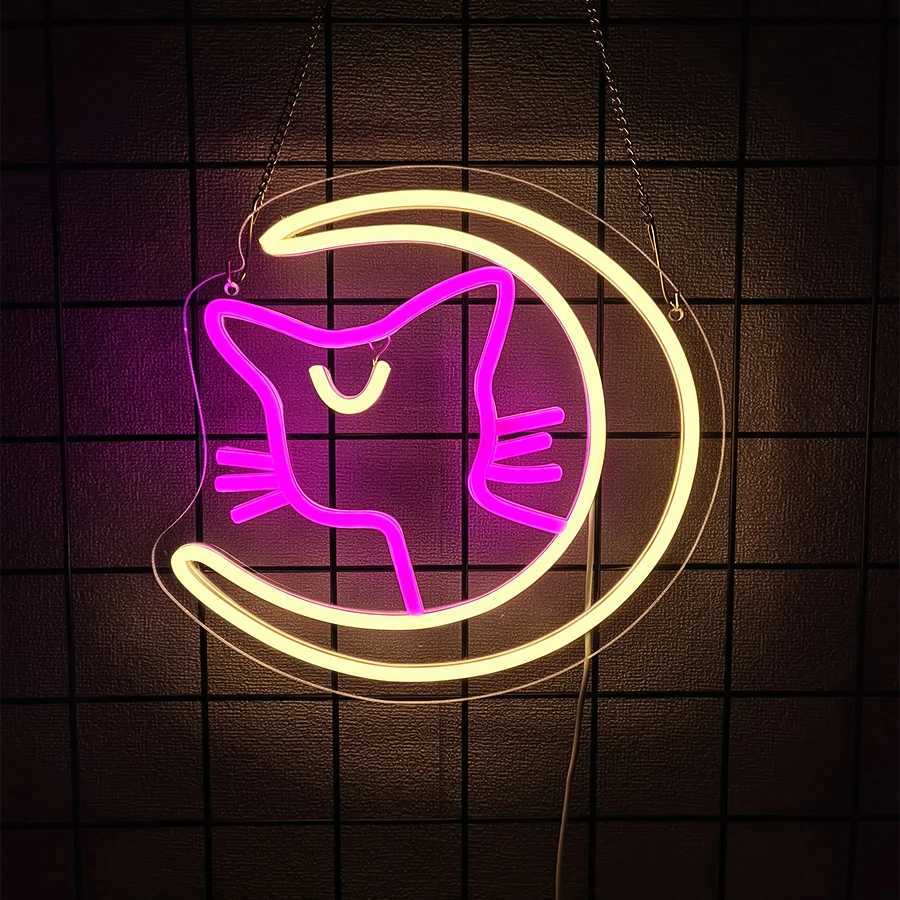 Cartoon Series Neon Signs Moon And Cat Led Aesthetic Icons Usb Powered Used For Room Home Game Room Pet Shop Decor H251201