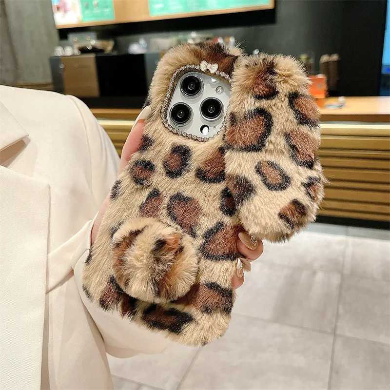 Cute Cartoon Leopard Print Bunny Fur Plush Phone Case For iPhone 17 Air 16 13 12 11 Pro Max XS XR X 7 8 Plus Shockproof Cover J251202