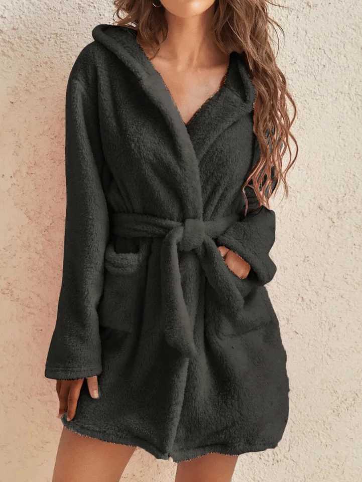 1 piece of womens solid color hooded robe with belt cozy and warm fleece pajamas for home wear in autumn and winter C251202