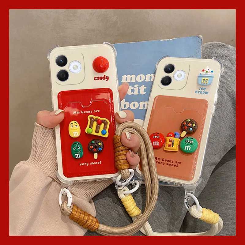 Kawaii 3D Candy Beans for iPhone 16 Plus 15 Pro Max 11 12 13 Mini XS XR 7 8 SE Card Holder Cartoon Soft Phone Case With Lanyard J251202