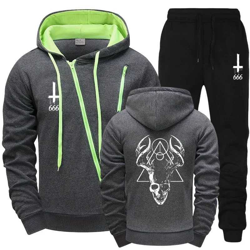 Motorcycle Mens Satan Print Tracksuit 2025 Diagonal Zipper Design Hoodie with Joggers Urban Streetwear Fall Winter Riding Outfit W251202
