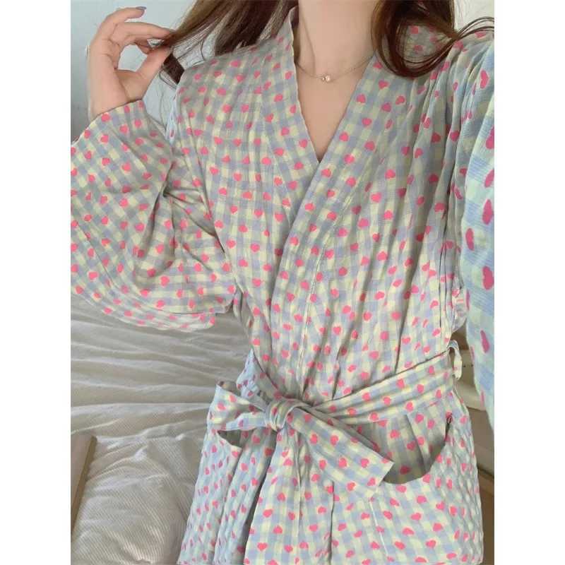 bathrobe womens bathing love plaid loose long sleeve long kimono V-neck lace up trousers nightgown sexy robe womens girl C251202