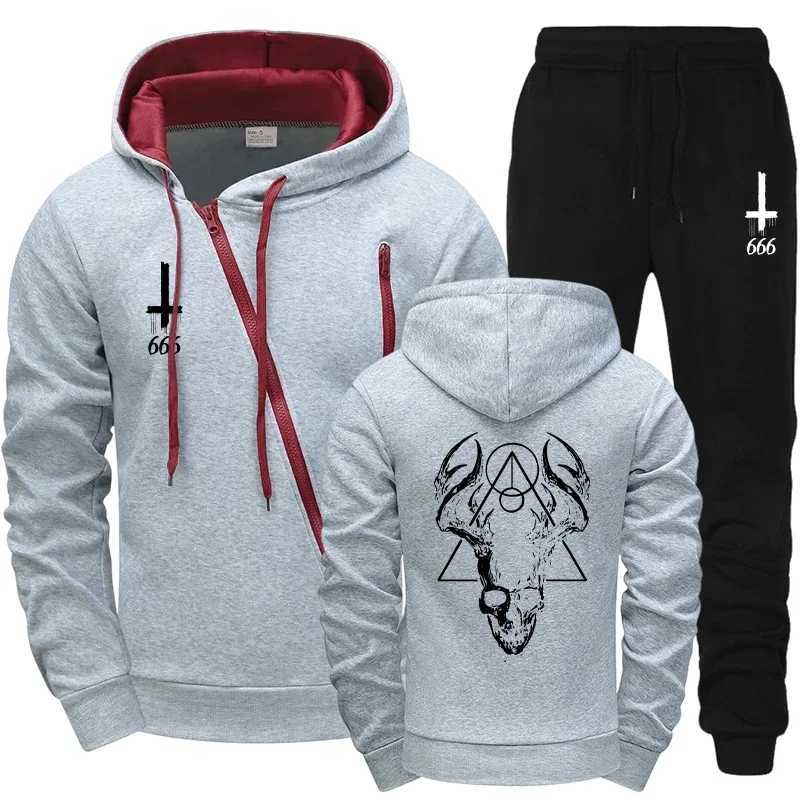 Motorcycle Mens Satan Print Tracksuit 2025 Diagonal Zipper Design Hoodie with Joggers Urban Streetwear Fall Winter Riding Outfit W251202