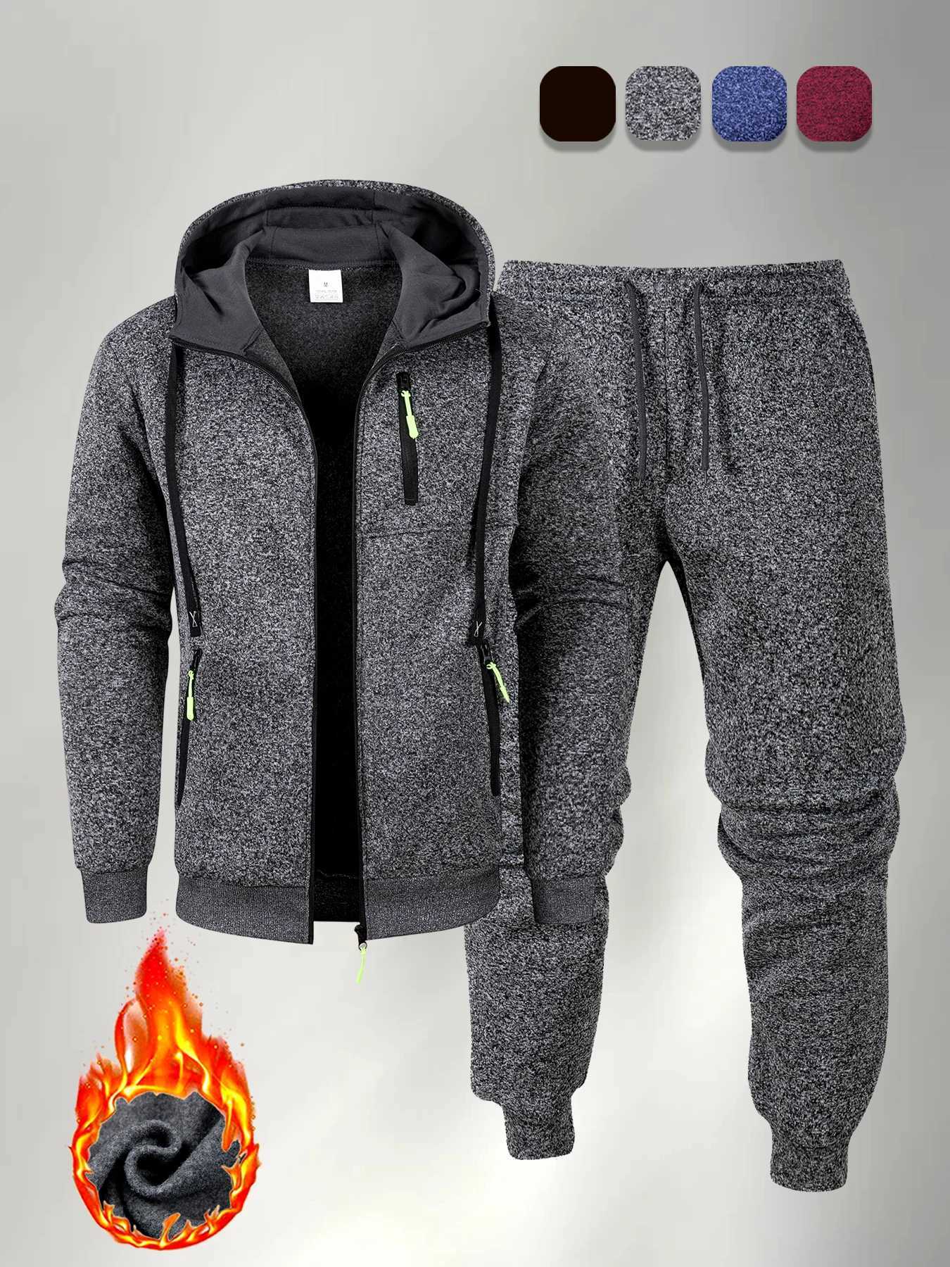 Autumn Mens Sportswear Solid Color Solid Color Zipper Hooded Pocket Jacket and Drawstring Trousers New Sports Clothing Set W251202