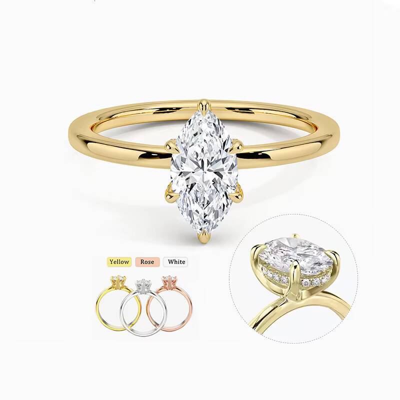 10K 14K 18K Solid Gold Ring Lab Grown Diamond 5x10mm Marquise Cut Hidden Halo Moissanite 925 Sterling Silver Stackable Ring