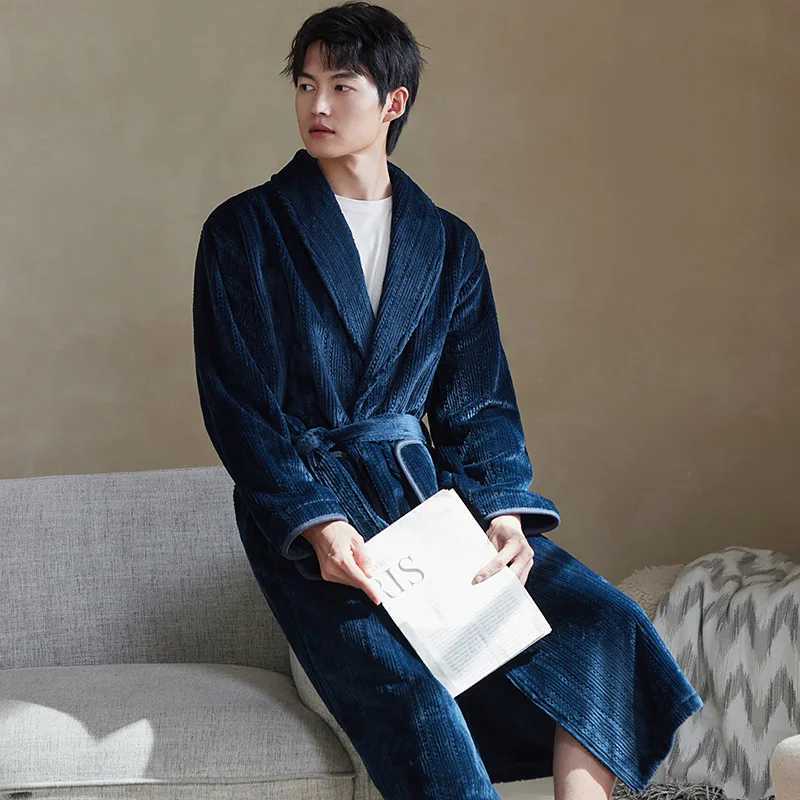 Winter Flannel Men Home Sleepwear Robes Thicken Terry Robe Male Long Sleeve Kimono Warm Bathrobes Home Wear Peignoir Men Robe C251202