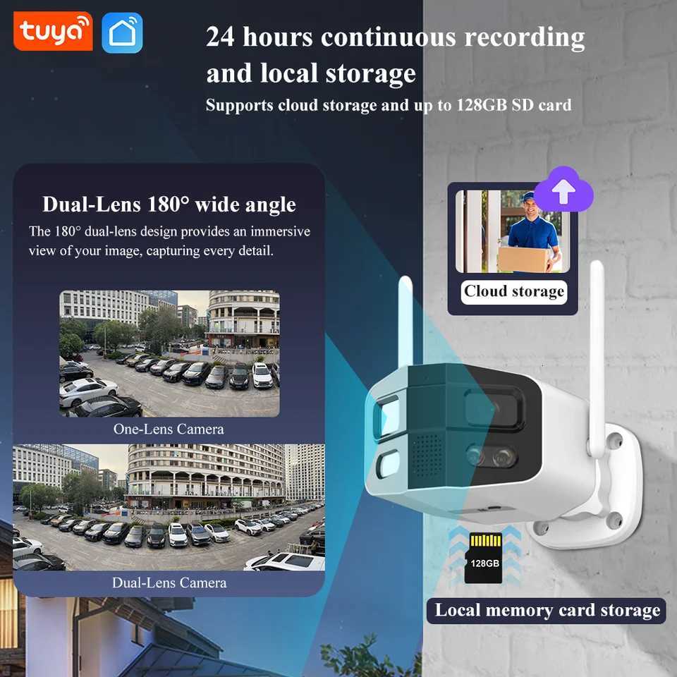 Tuya Smart 8MP Dual-Lens Large wide 180Security Outdoor WiFi Camera With Color Night Vision Siren 2-Way Talk Waterproof IP Cam C251202
