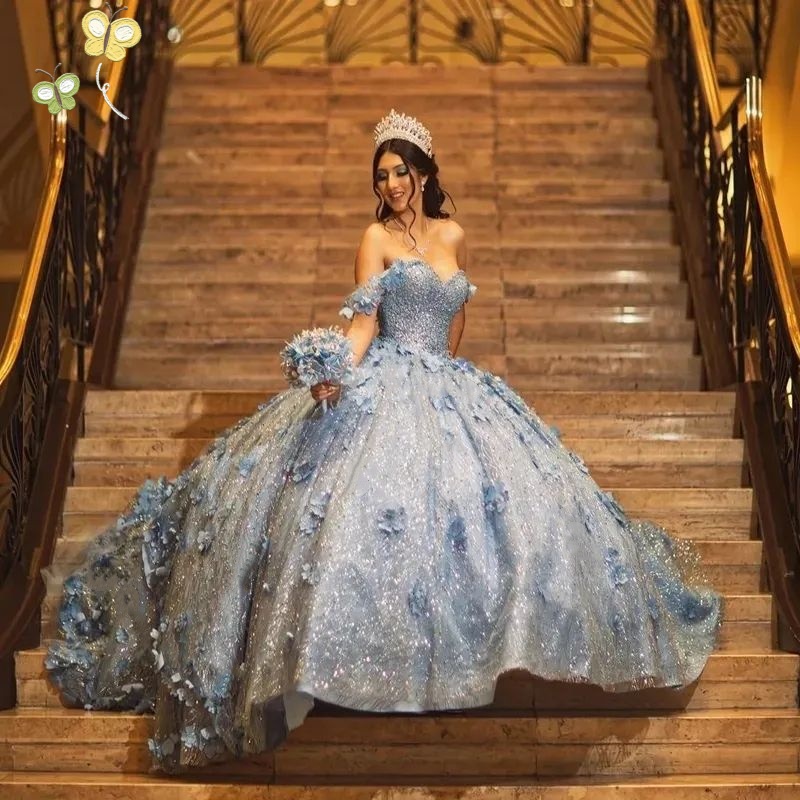 Sky Blue Quinceanera Prom Dresses 3D Flowers Sequin Sweet 15 Party Gowns Sparking Bead Ball Gown Junior 16 Girls Pageant Dress