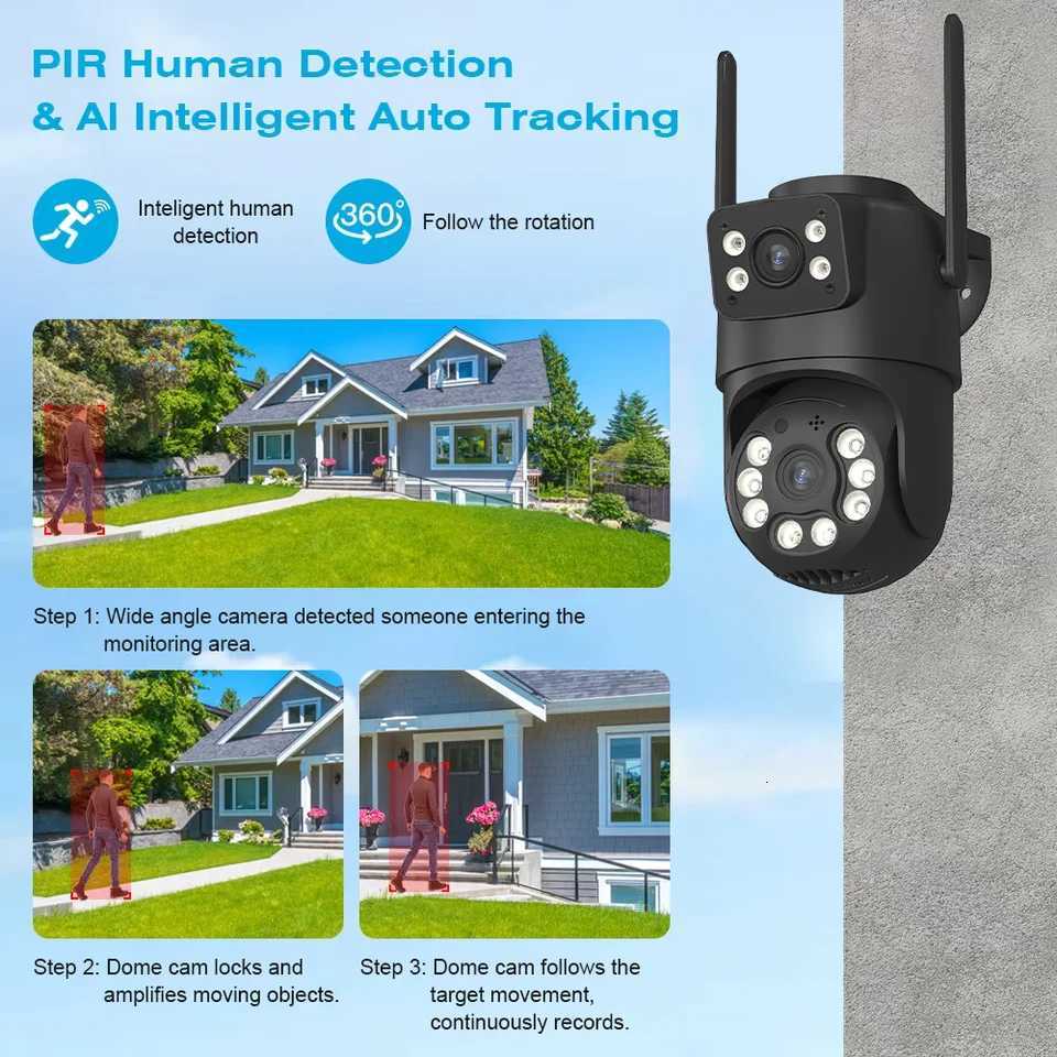 4K HD Dual Lens WIFI Camera 2K Dual Sn PTZ Camera Outdoor Auto Tracking Security Camera IP66 Waterproof Surveillance ICSEE C251202