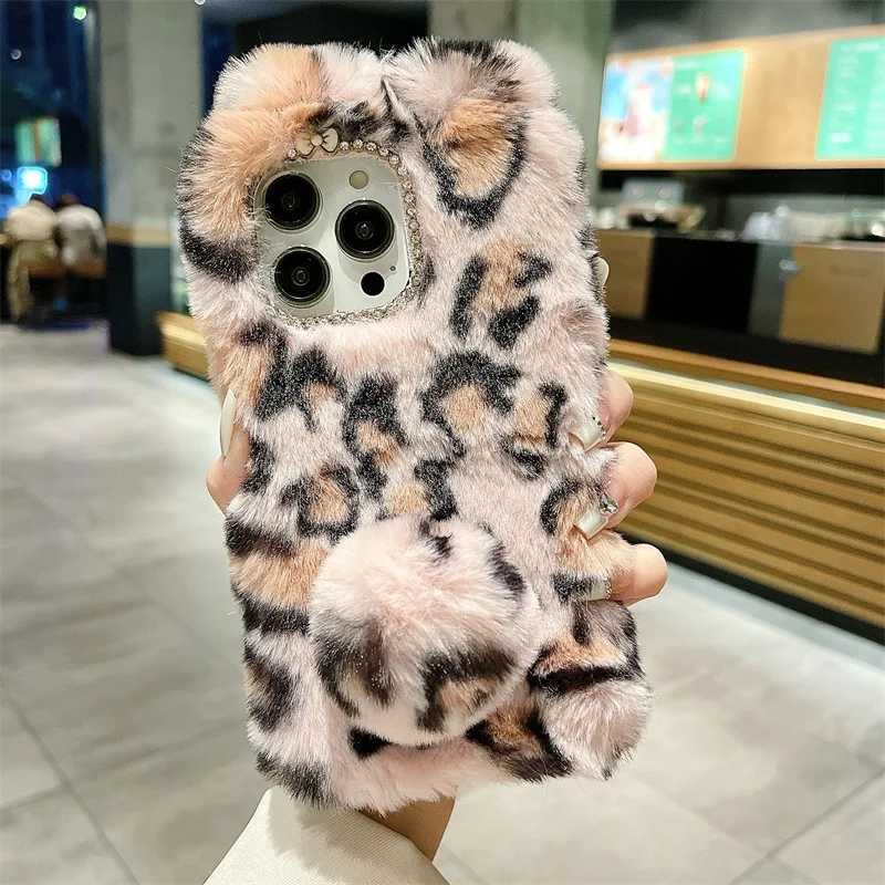 Cute Cartoon Leopard Print Bunny Fur Plush Phone Case For iPhone 17 Air 16 13 12 11 Pro Max XS XR X 7 8 Plus Shockproof Cover J251202