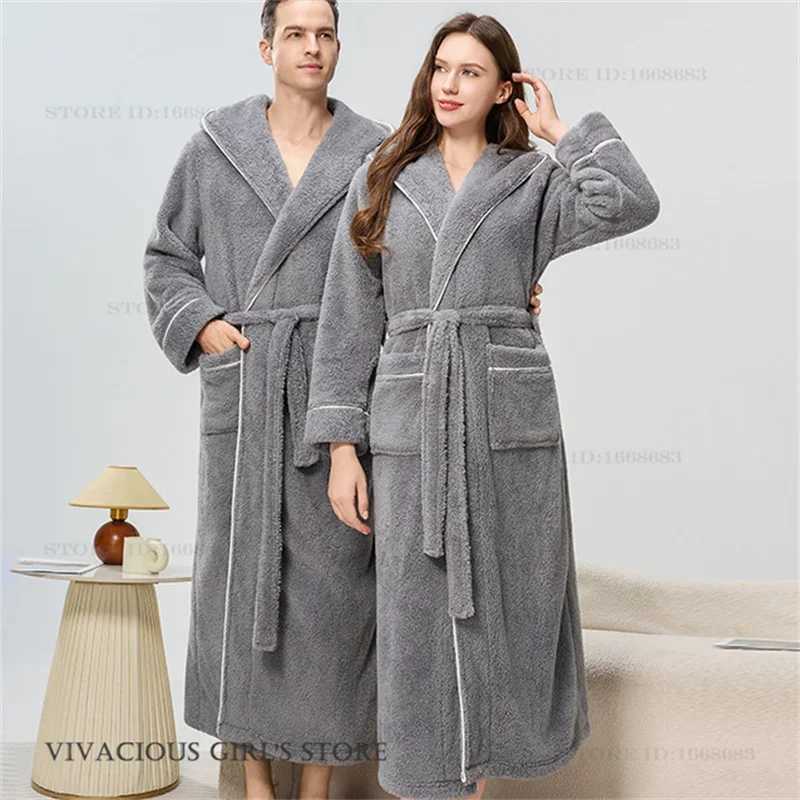 Thicken Flannel Couople Long Robe Winter New Coral Fleece Hooded Kimono Bathrobe Gown Sleepwear Casual Men Women Homewear Pajama C251202