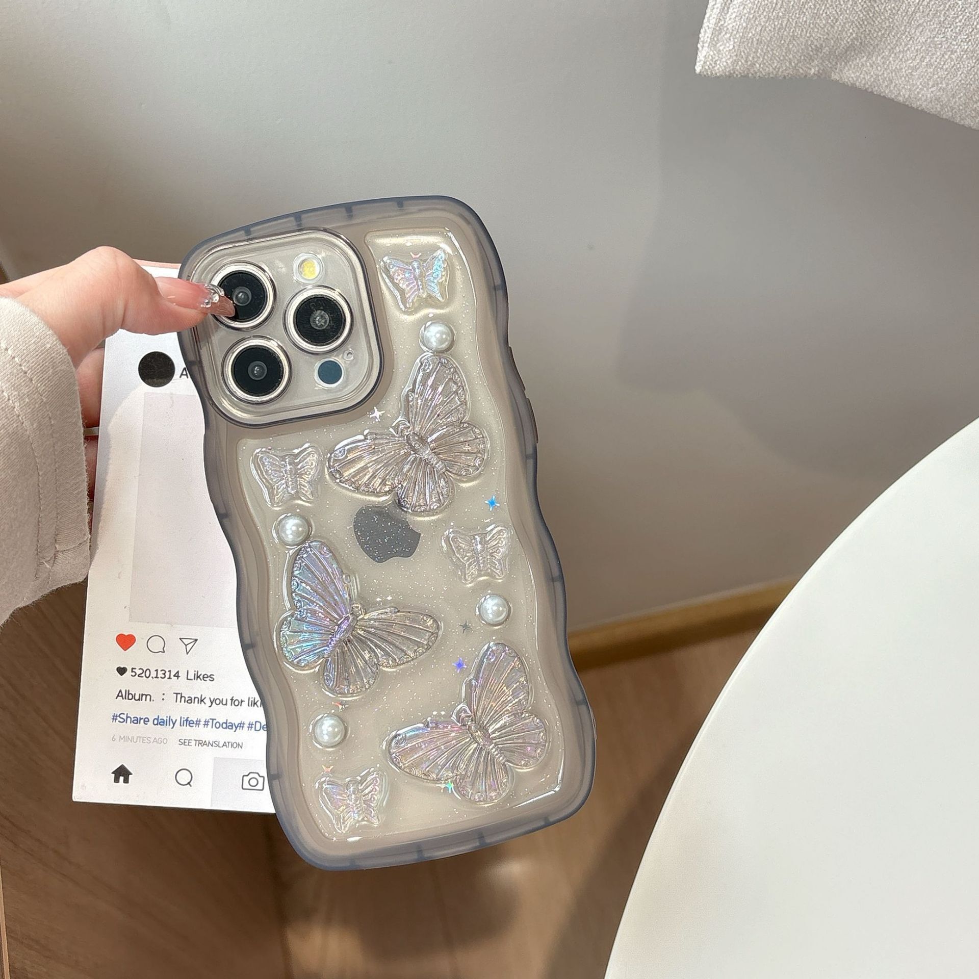 Wave Epoxy 3D Butterfly Phone Case iPhone 17 Pro Max Compatible with iPhone 16 Pro Transparent Protective Case