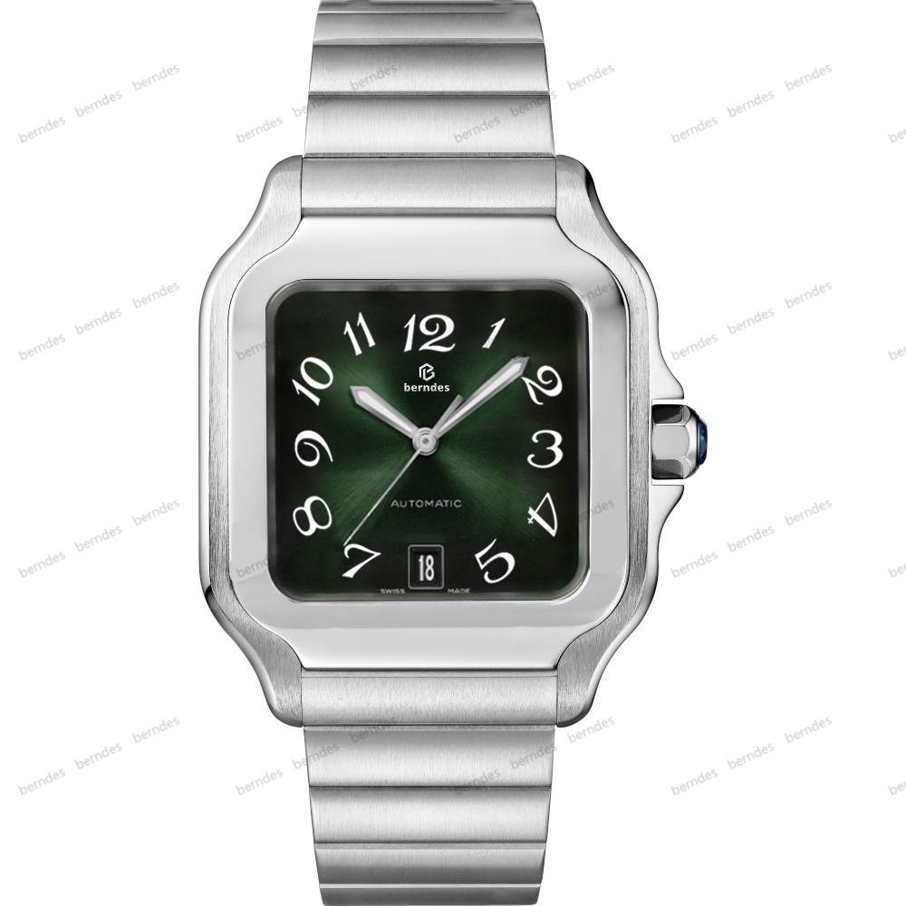 Fashionable couple's wristwatch with classic design. Exquisite appearance featuring tough lines. Burnt blue hands and blue gemstones. Deep water resistance.