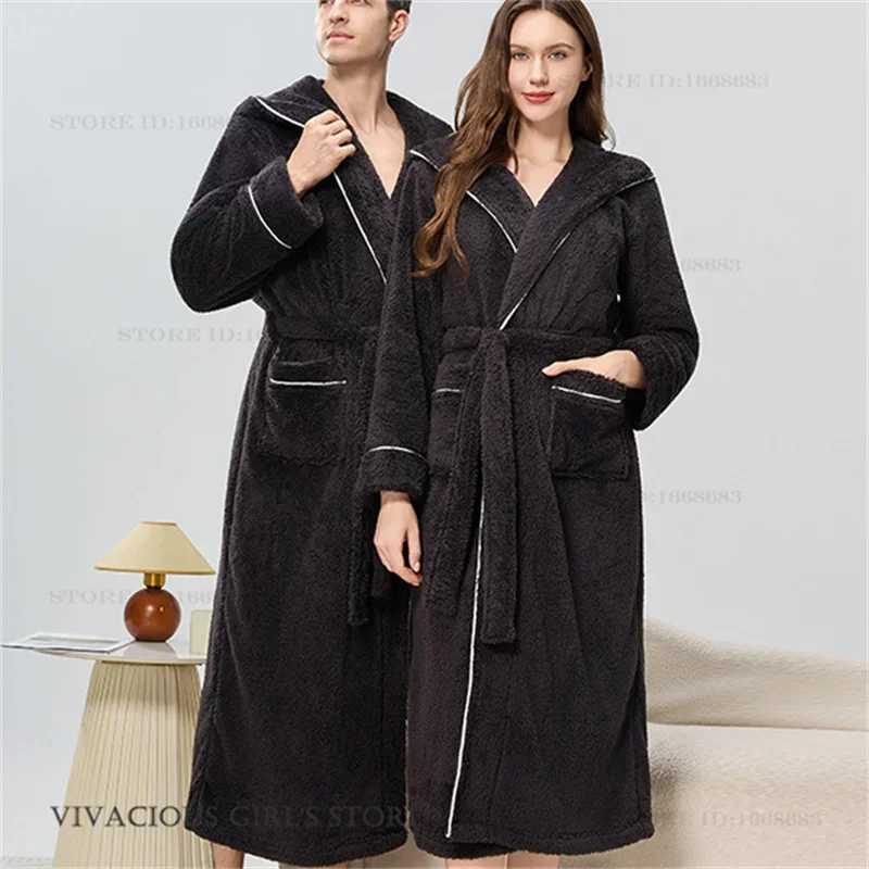 Thicken Flannel Couople Long Robe Winter New Coral Fleece Hooded Kimono Bathrobe Gown Sleepwear Casual Men Women Homewear Pajama C251202