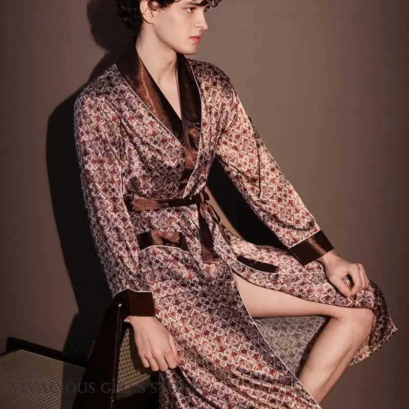 Pajama Mens Robe Kimono Gown Bathrobe with Pockets Print Sleepwear Home Clothing Spring Autumn Satin Nightwear Loose Loungewear C251202