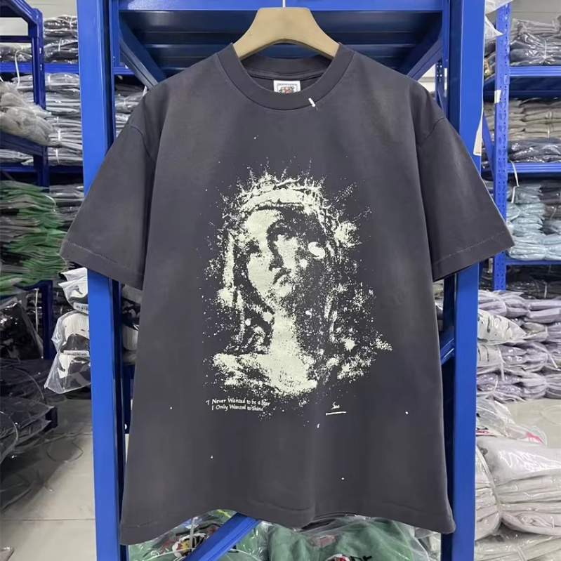 New Night Light Portrait Pattern Printed Washed Vintage Round Neck Short Sleeve Street Casual Loose Cotton Trendy T-shirt