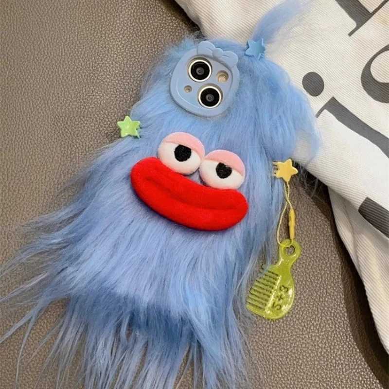 Korean Funny Fluffy Plush Monster Case For iPhone 17 Pro Max Case 16 15 14 13 12 11 Cute Girl Winter Warm Cover Fur Soft Coque J251202