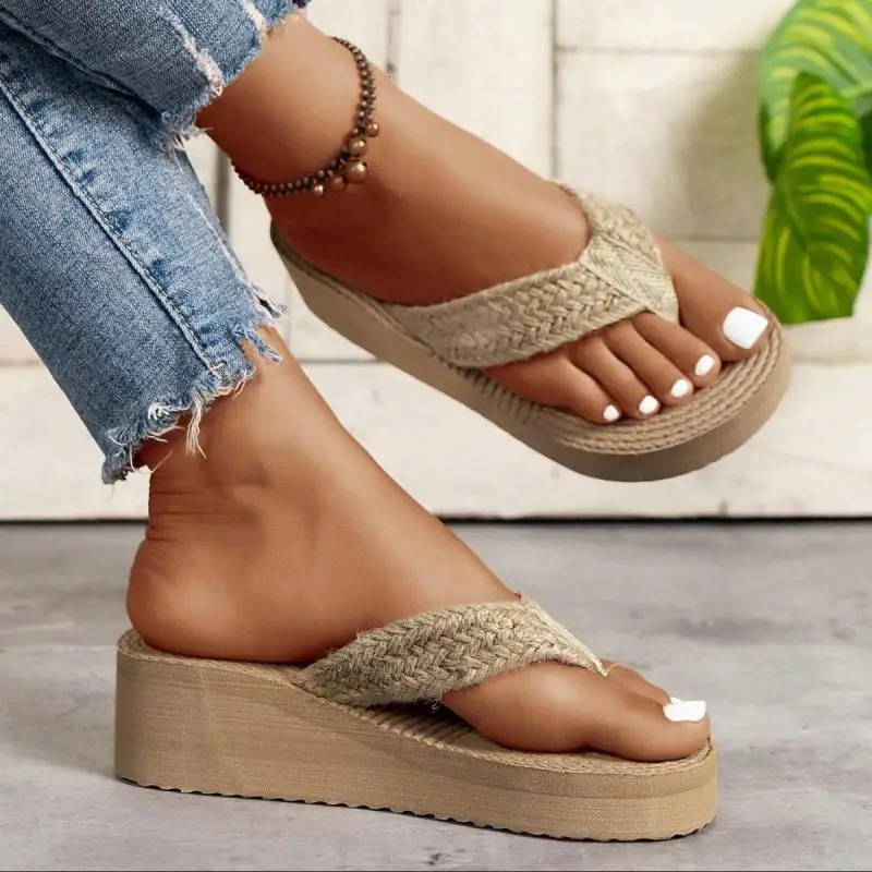 Bohemia Twine Weave Strap Flip Flops Women Summer Classic Chunky Platform Wedge Heels Slippers Women Sexy Beach Sandals 251201