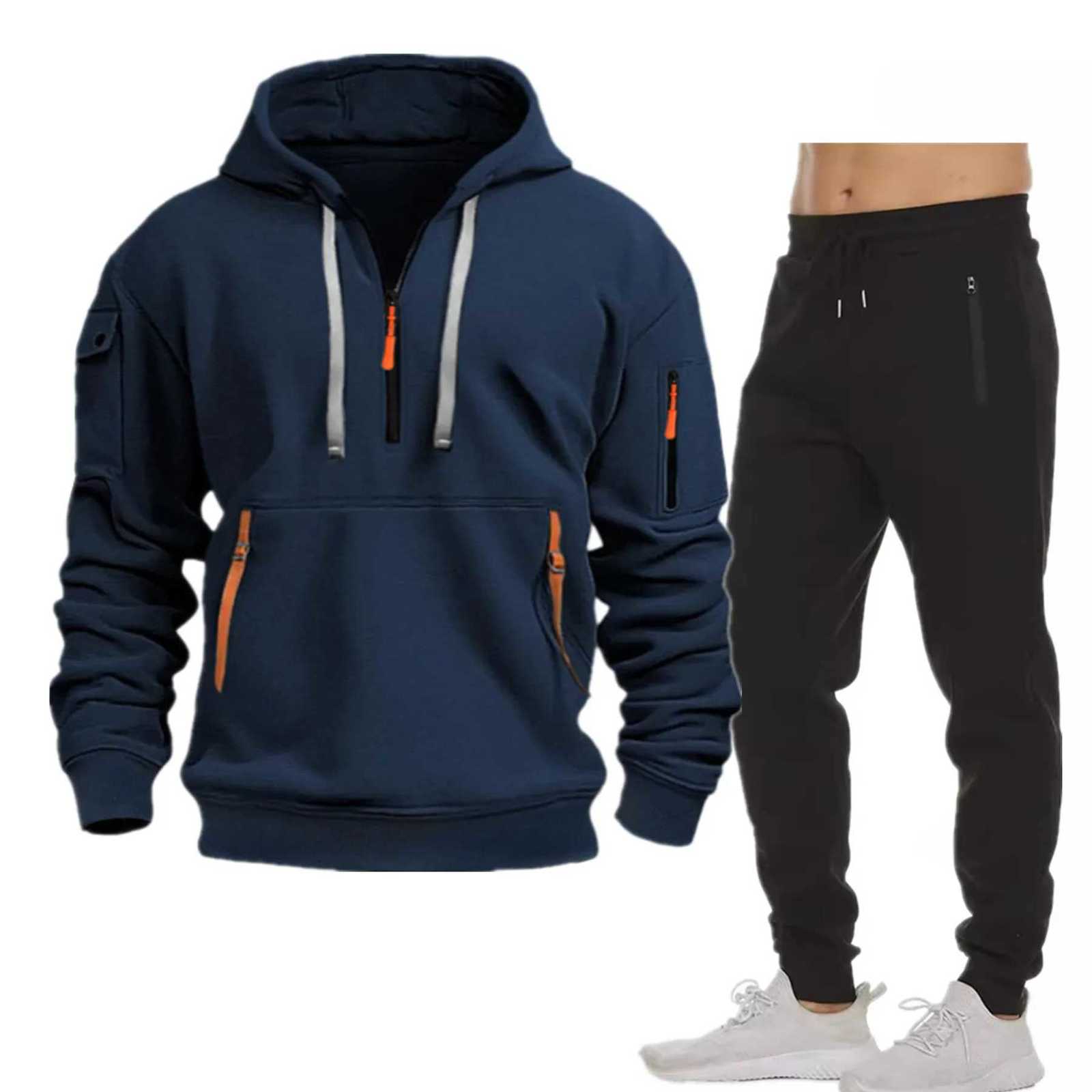 New Multi-pocket Men Autumn Winter Set Half zip Hoodie Pants Pieces Suit Casual Mens Sportswear Warm Clothing Suit W251202