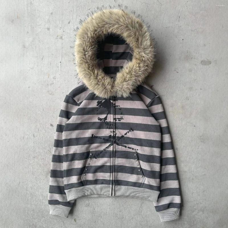 Women's Hoodies 2025 Hoodie With Fur Collar Striped Printed Long Sleeved Loose Hooded Sports Sweatshirt