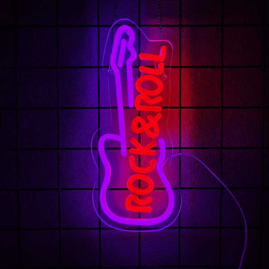 Rock N Rolled Neon Sign Music Guitar Icon Used For Bedroom Music Studio Recording Studio Bar Concert Man Cave Decor H251201