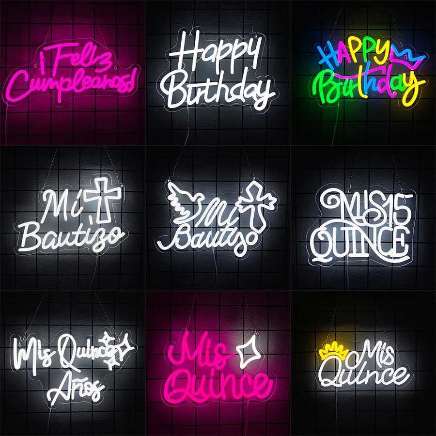Happy Birthday Neon Sign for Wall DecorFeliz Cumpleaos/Mis Quince Anos Art Decor for Bedroom Bar Home Birthday Party Decor H251201