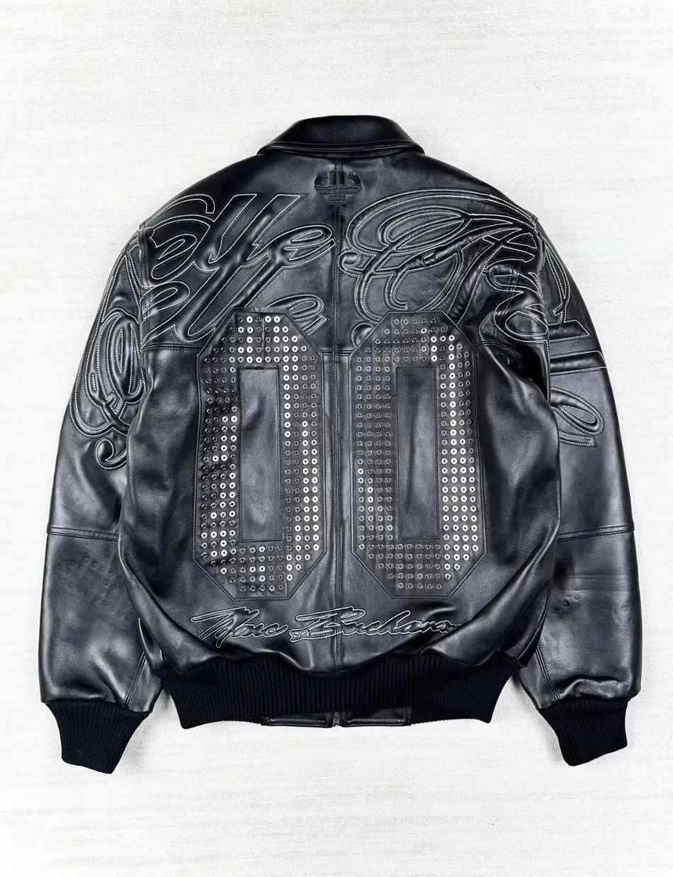 Streetwear Vintage Leather Bomber Jacket Y2K Mens Black Zipper Jacket Sequins Letter Embroidery Oversized Motorcycle Clothing 251128