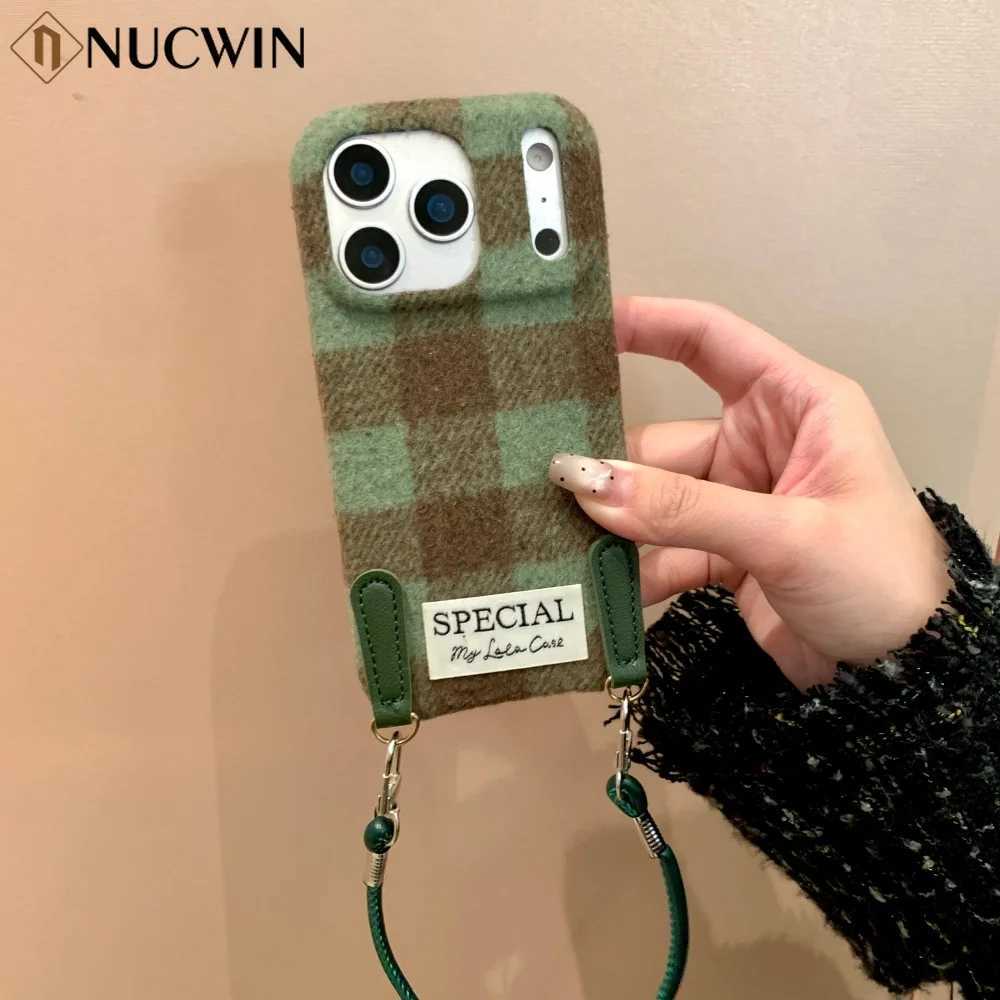 New Autumn Winter Checkered Plush Lanyard Phone Case For iPhone 17 Pro Max 16 15 14 13 Pro Max Wristband Fluff Shockproof Cover J251202