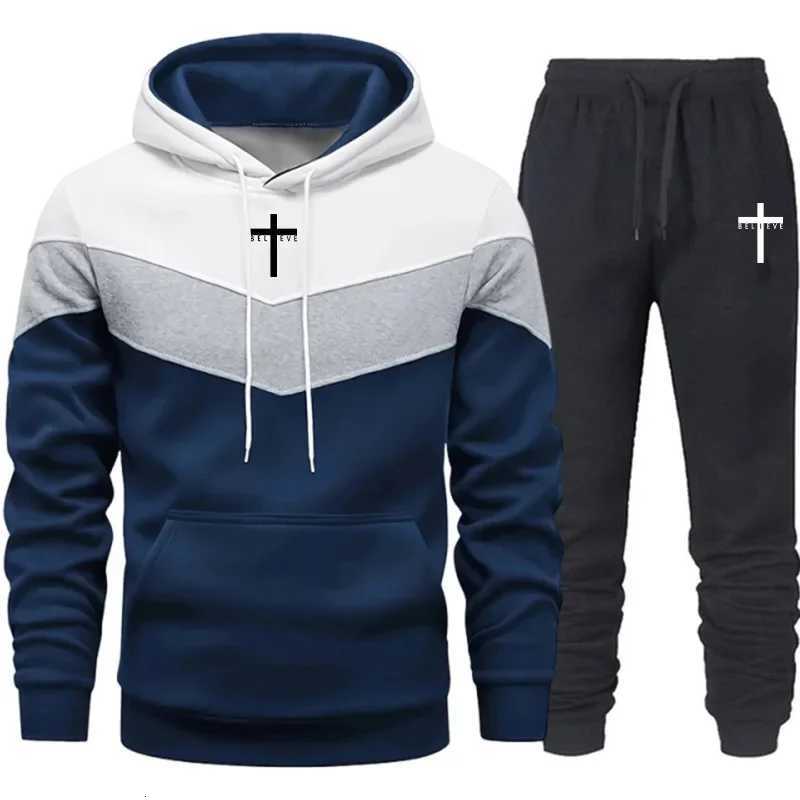 Jesus Cross Men Casual Sportswear Set Hooded Sweatshirt Winter Jogger Tracksuit Autumn Urban Fashion Hoodies Black Sweatpants W251202