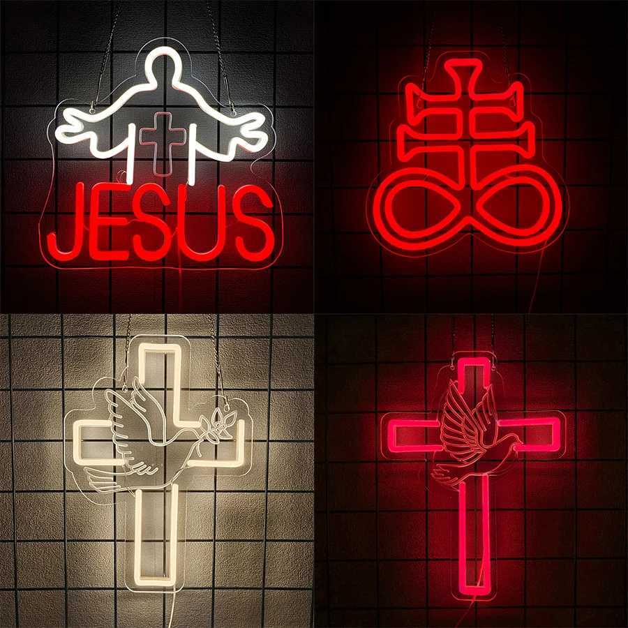 Neon Sign Of Cross Icon Of Dove Of Peace And Jesus Powered By Usb Used For Decor Of Rooms Churches And Religious Activities H251201