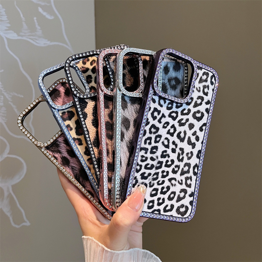 Diamond-Encrusted Leopard Print Phone Case iPhone 16 Pro Max Compatible with Apple 15/14 Pro Protective Shockproof Cover