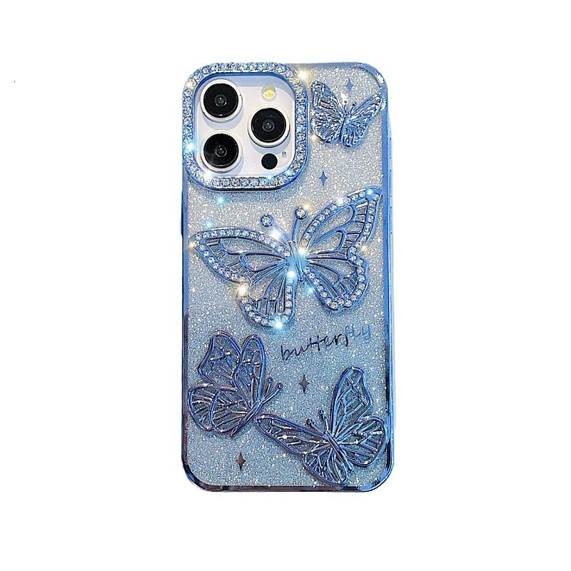 3D Butterfly Rhinestone Phone Case iPhone 17 Pro Max Compatible with Apple 16 Electroplated Gradient Glitter Paper Case