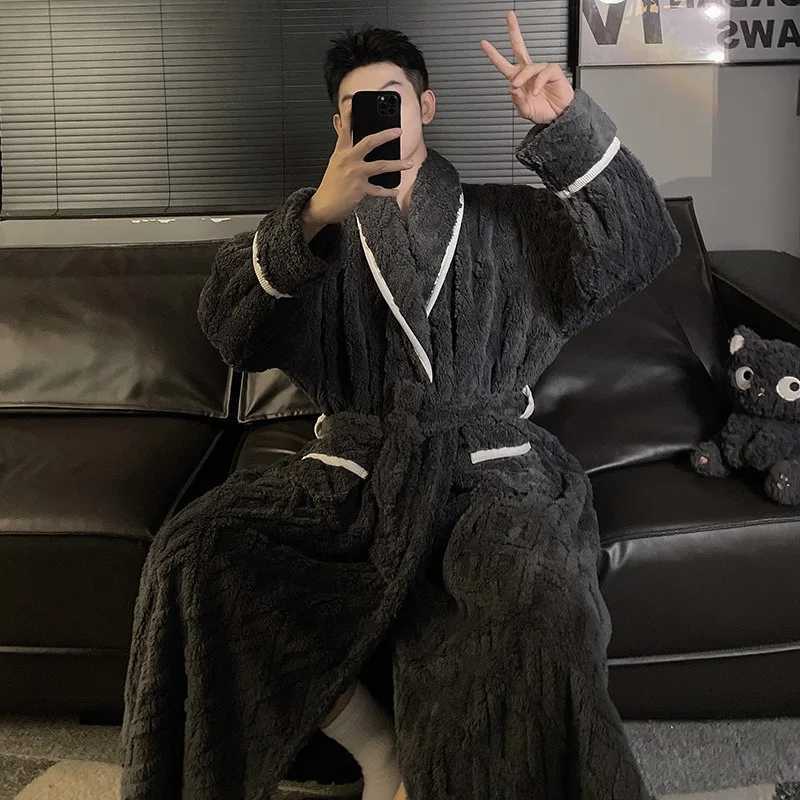 Large Size Winter Thick Flannel Robe Men Long Kimono Bathrobe Gown Coral Fleece Sleepwear Home Clothes Nightwear Lounge Wear C251202