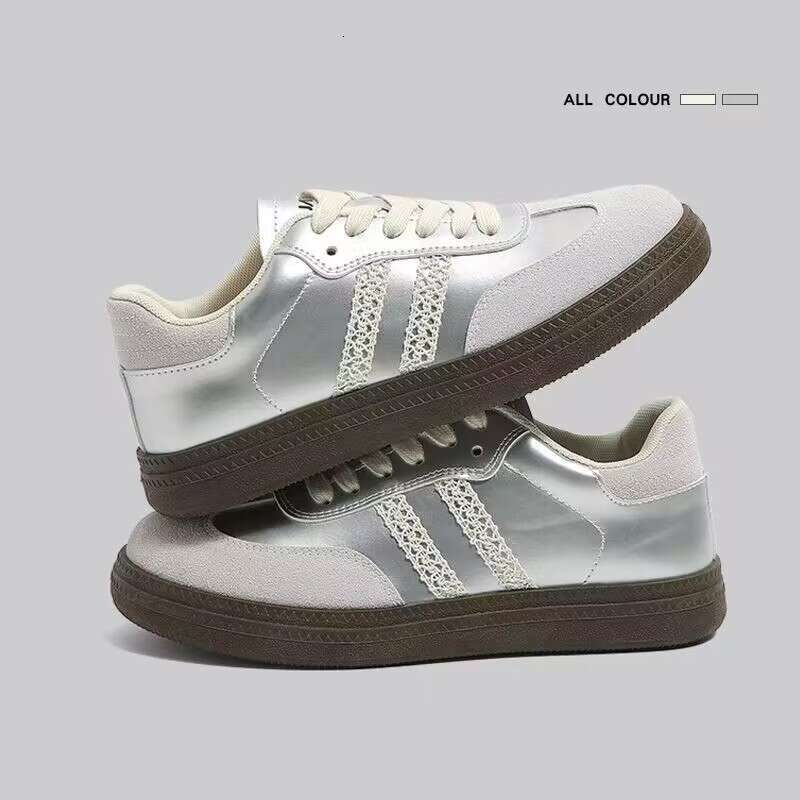 Vintage Silver German Training Shoes for Women 2025 Autumn Skirt Matching Lace Edge Thick Sole Height Increasing Casual Waffle Agan Sneakers
