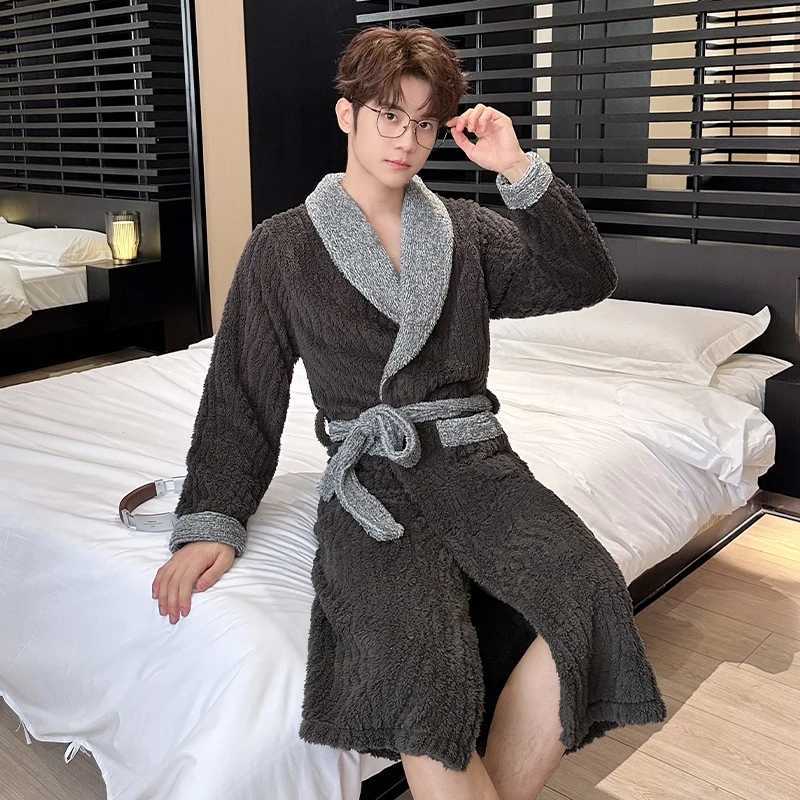 2025 Winter Long Sleeve Thick Warm Flannel Kimono Robes for Men Loose Coral Velvet Sleepwear Bathrobe Male Homewear Home Clothes C251202