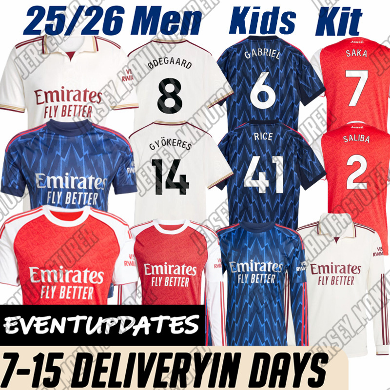 25 26 Arsenan jersey Kit SAKA RICE ODEGAARD SALIBA 2025 FootbaI GYOKERES ZUBIMENDI EZE HAVERTZ TIMBER MADUEKE Arsenalsjersey shirt Men Kids Sets Child Kit Shirt