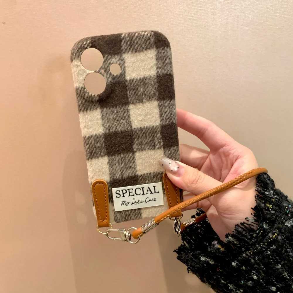 New Autumn Winter Checkered Plush Lanyard Phone Case For iPhone 17 Pro Max 16 15 14 13 Pro Max Wristband Fluff Shockproof Cover J251202