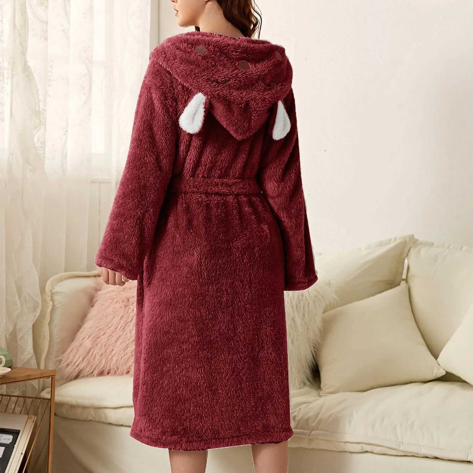 Winter Women Fleece Bath Robe Fluffy Plush Pyjamas Ladies Hooded Earflap Robe Solid Color Gown Warm Bathrobe Female loungewear C251202