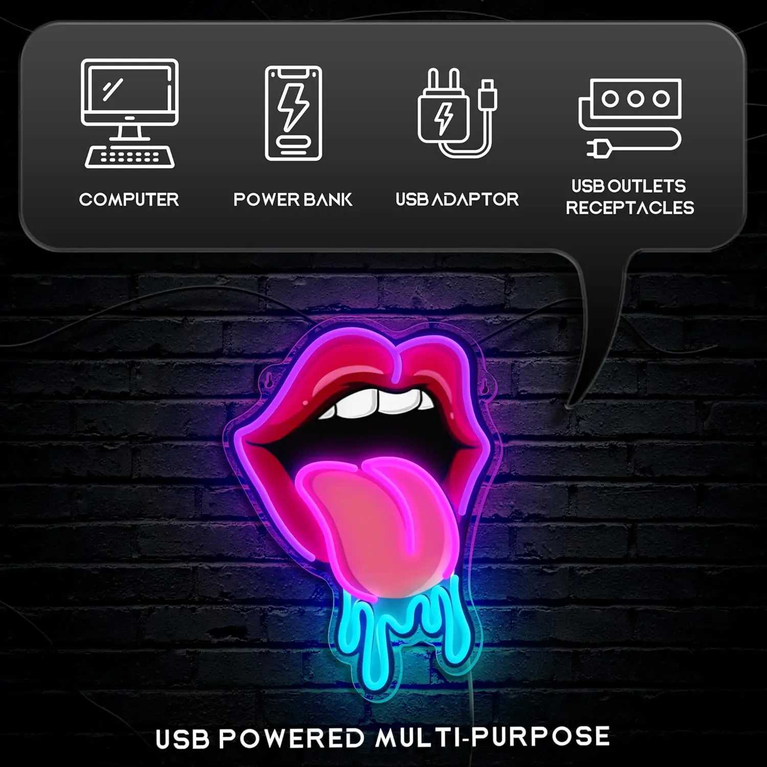 Lip tongue Neon Sign USB Dimmable LED Neon Light Sign Wall Art Decoration for Gameroom Bedroom Livingroom Party Birthday Gift H251201