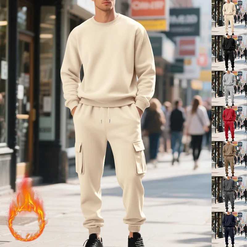 Mens Fleece Round-Neck Sweatshirt Set Loose Casual Long-Sleeved Two-Piece Set Autumn Winter Comfortable Sweatshirt Cargo Pants W251202