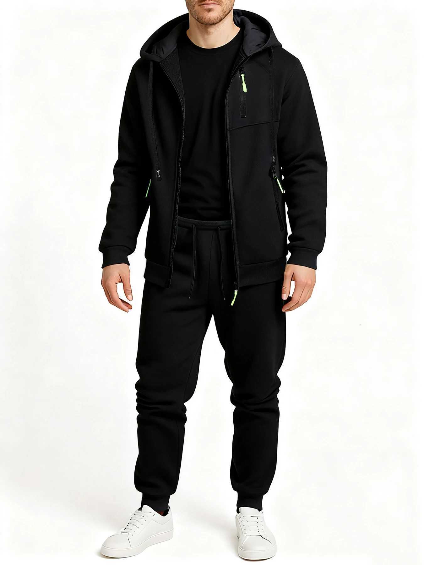 New Autumn Two-piece Mens Sportswear Solid Color Daily Hooded Sweatshirt Sweatpants Jogging Suit Zipper Jacket and Pants Set W251202