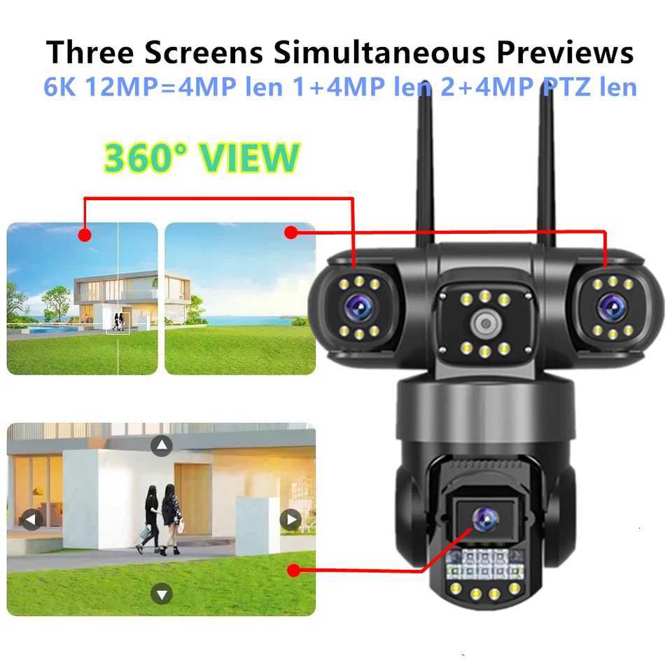 WiFi IP Camera 10X Zo 3 Lens Three Sns Outdoor CCTV Video Surveillance Auto Tracking 12MP PTZ He Security Camera C251202