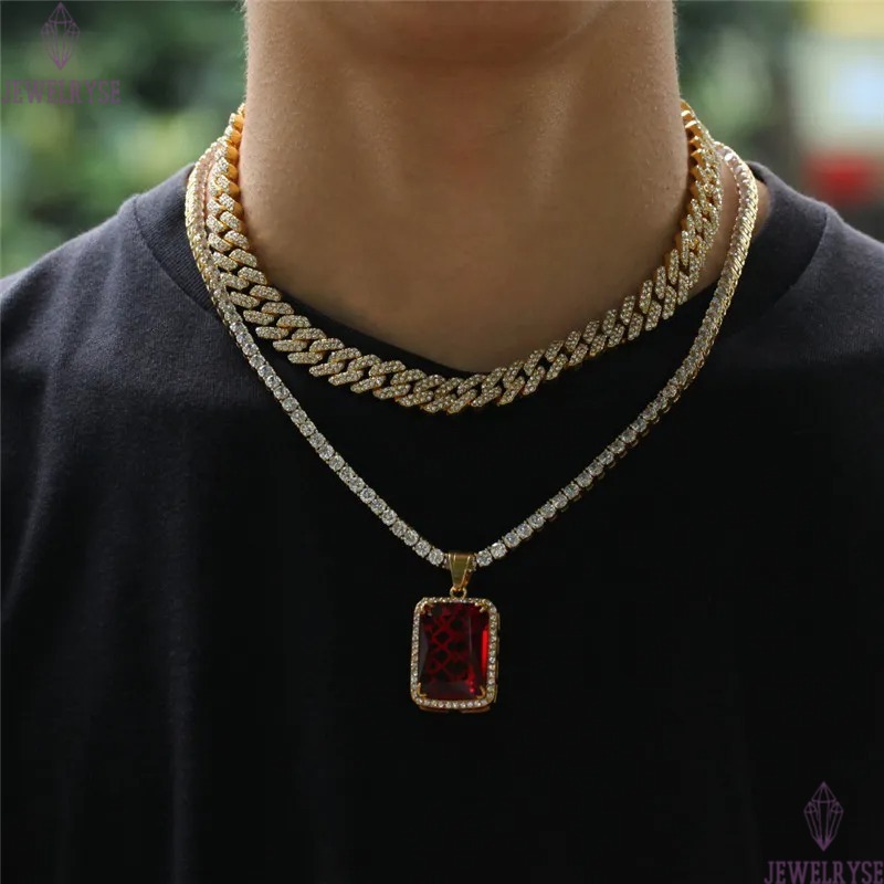 Hip Hop Diamond Iced Out Chains Men Rap Singer Necklaces Bracelets Jewelry Austrian Rhinestone Cuba Link Gold Silver Chain Necklaces Party Choker Brac