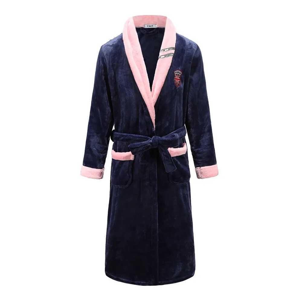 Autumn Winter Nightdress Blue Men Casual Coral Fleece Sleepwear Warm Couple Home Wear Flannel Belt Pyjamas Kimono Bathrobe Gown C251202
