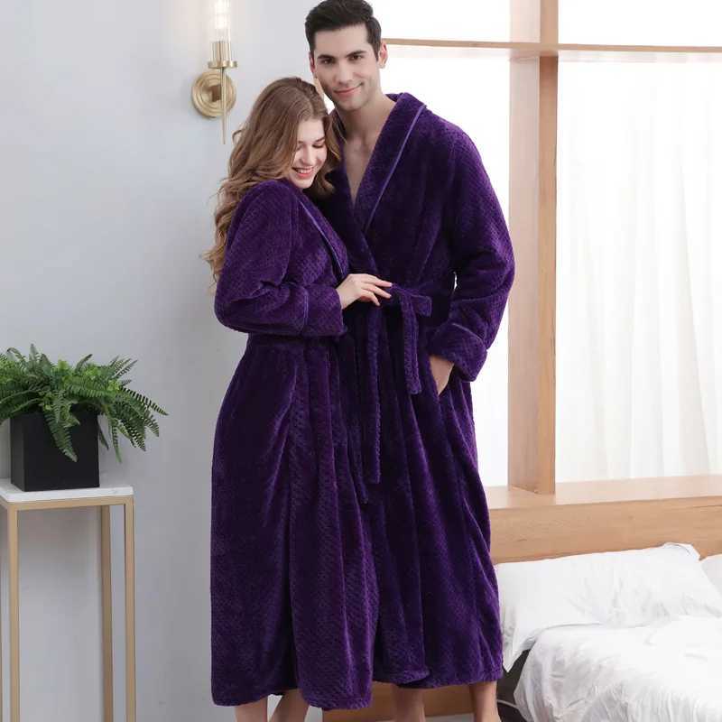 Thicken Flannel Couple Sleepwear Long Robe Autumn Winter Kimono Gown Bathrobe Men Homewear Loose Coral Fleece Loungewear Pajama C251202