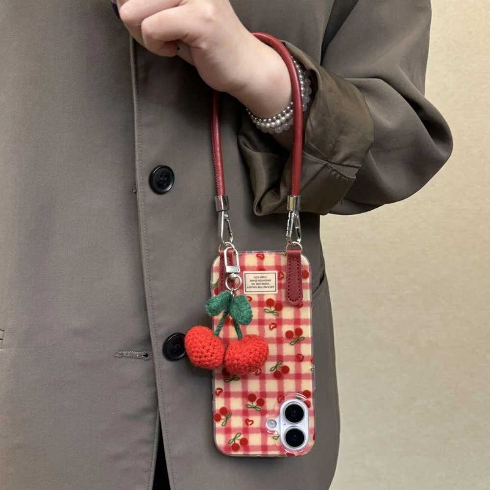 Stylish Cute Cherry Pendant Grid Pattern Case For iPhone 17 Pro Max 16 Pro Max 15 14 Pro 13 12 11 Plus Crossbody Lanyard Cover J251202